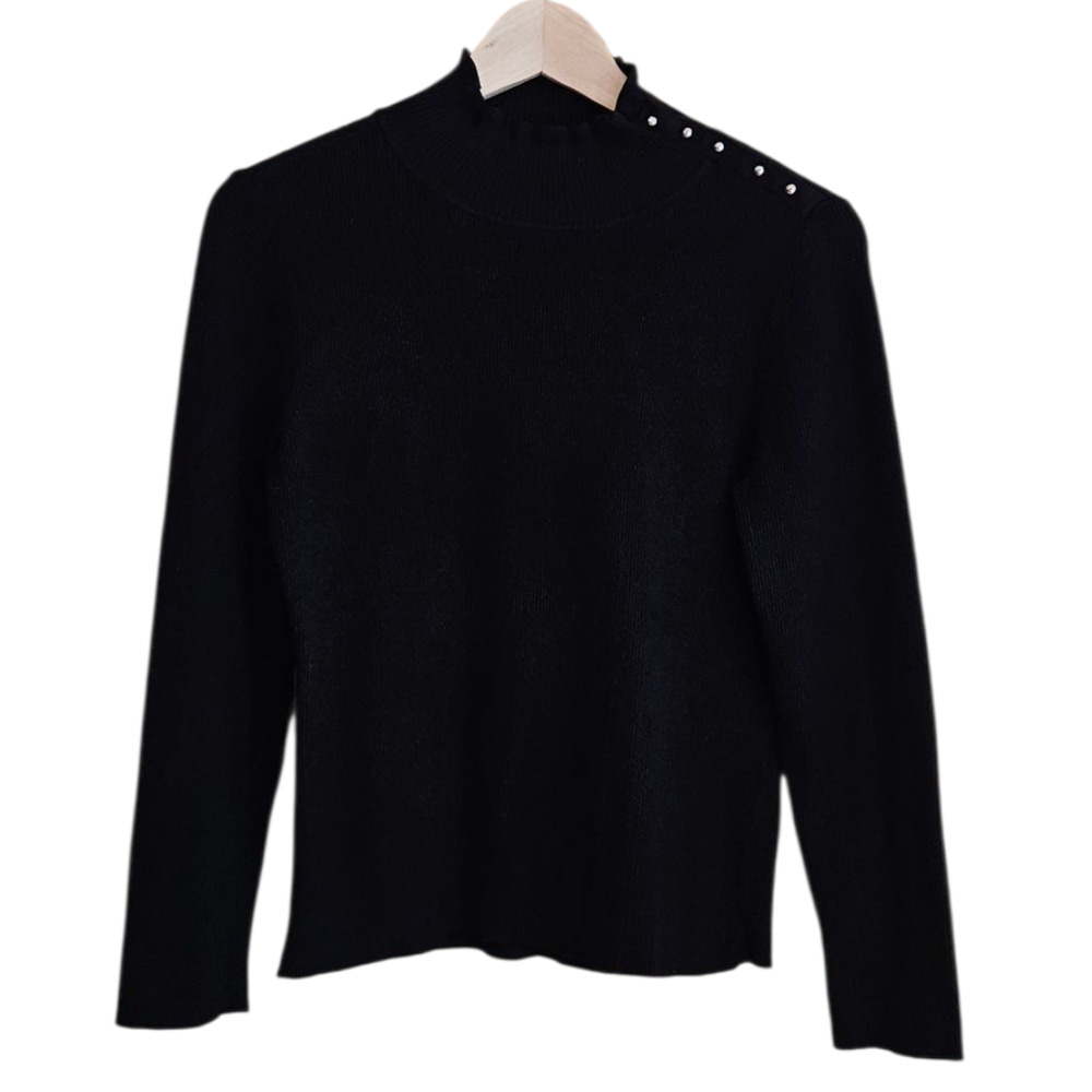 White House Black Market Sweater Mock Neck Ribbed Black Gold Women's Medium